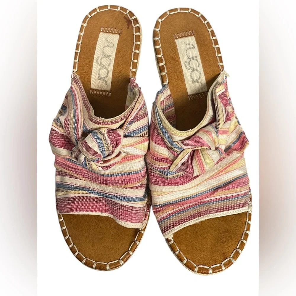 Sugar‎ Hundreds Wedge Sandals Fabric Natural Multicolor Beach Stripe Size 8.5